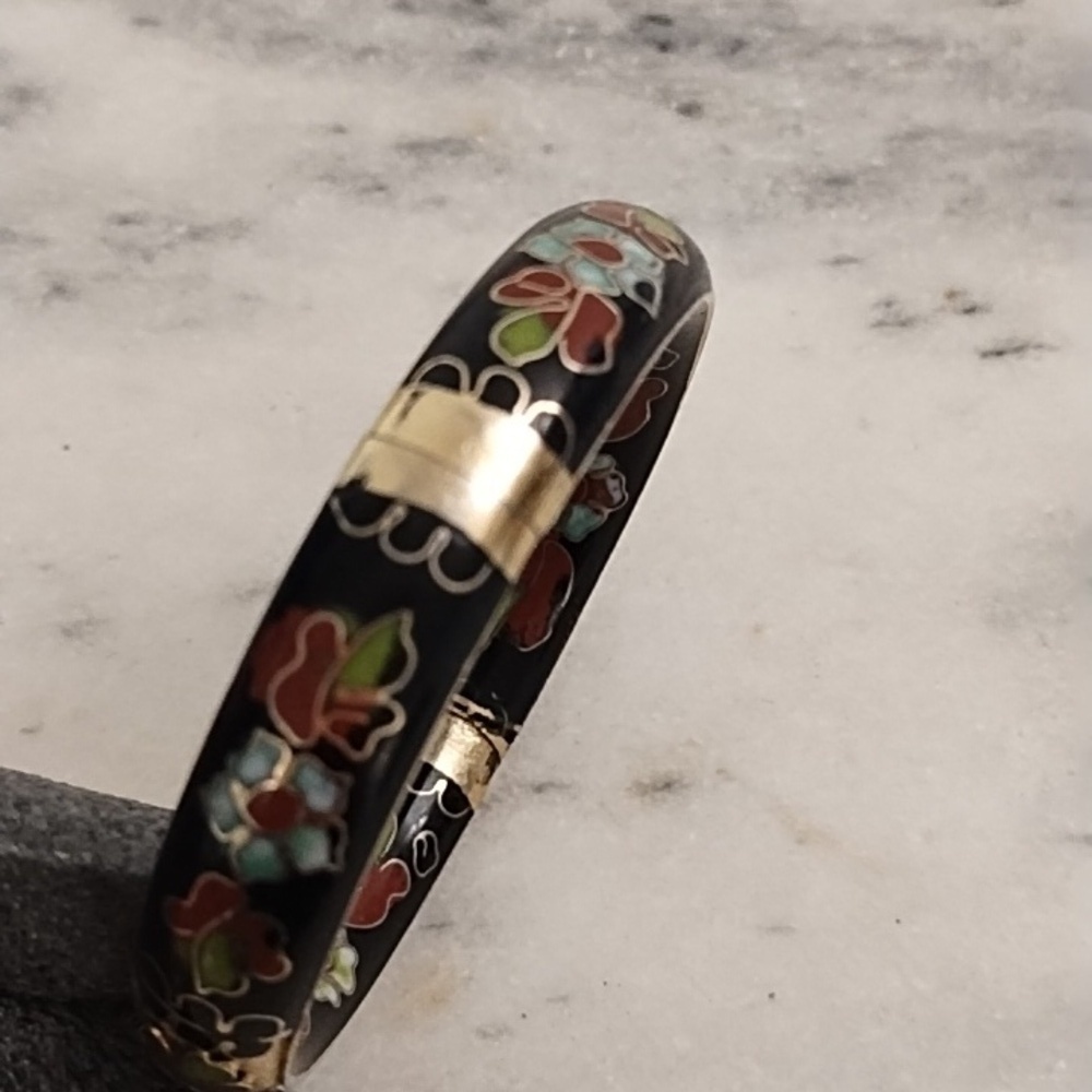 Vintage Cloisonne Hinged Bracelet with Enamel On Outside & Inside Collectible - Picture 6 of 10